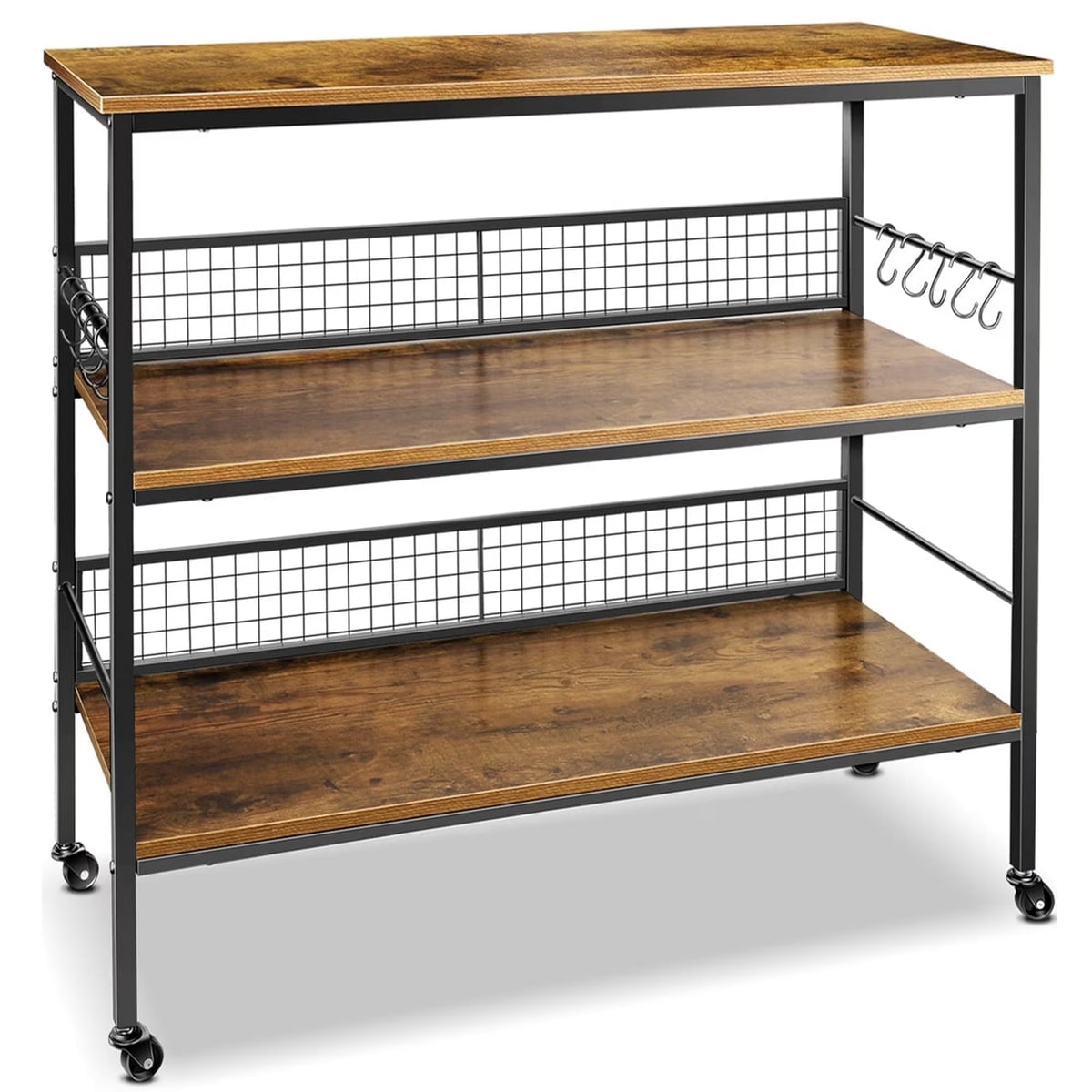 Behost 3-Tier Rolling Cart Microwave Stand with 10 Hooks, Coffee Bar Kitchen Storage Rack Organizer, Rustic Brown