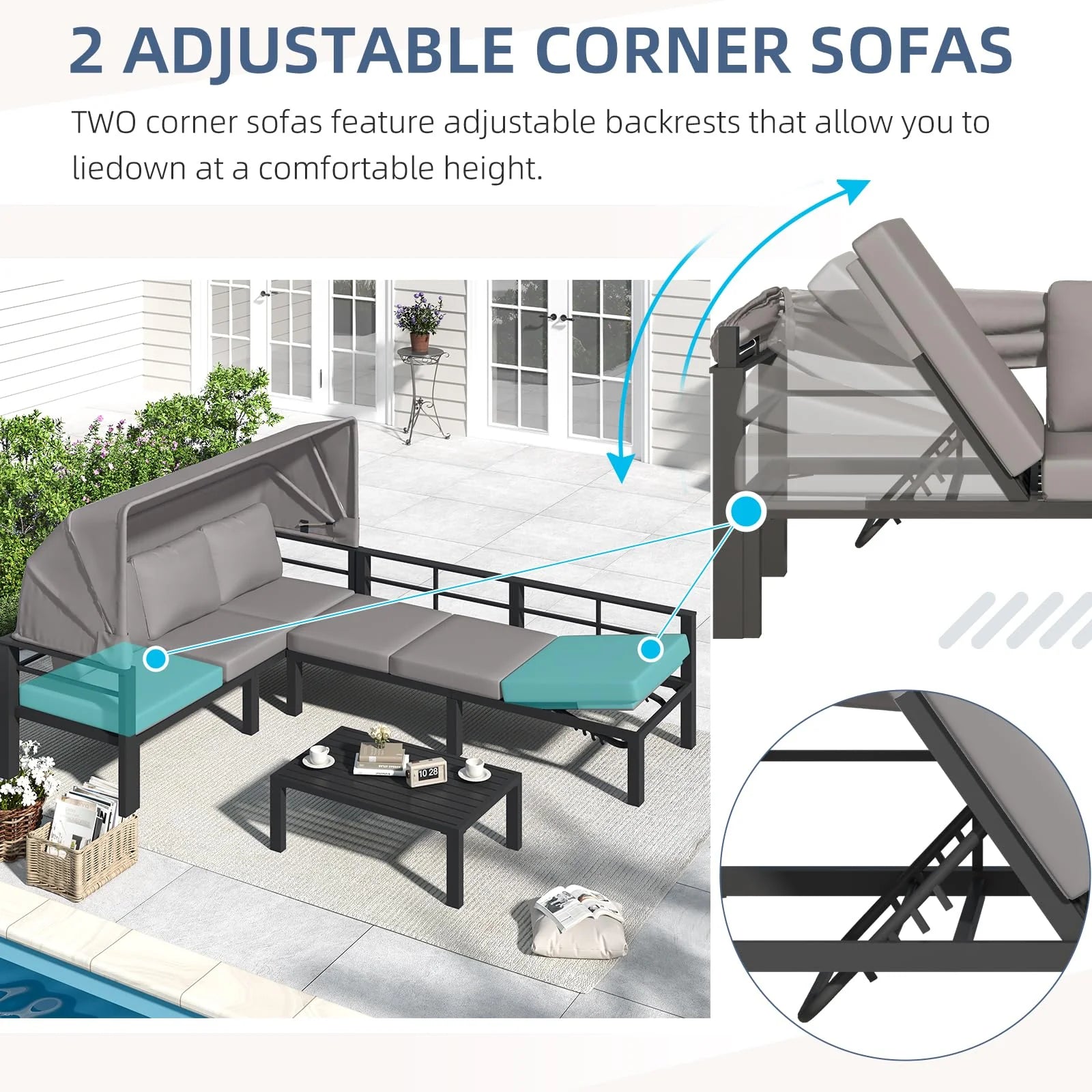 AECOJOY Patio Furniture Set with Retractable Canopy&2 Adjustable Backrests, Outdoor Conversation Set, Grey