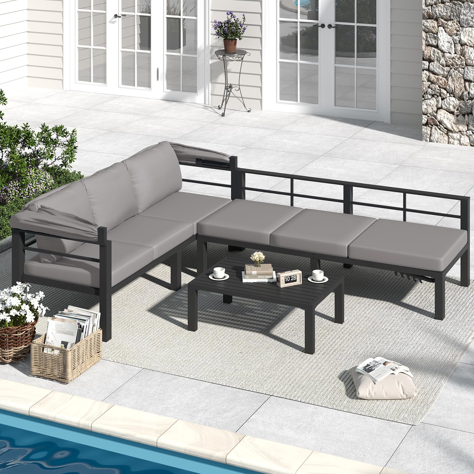 AECOJOY Patio Furniture Set with Retractable Canopy&2 Adjustable Backrests, Outdoor Conversation Set, Grey