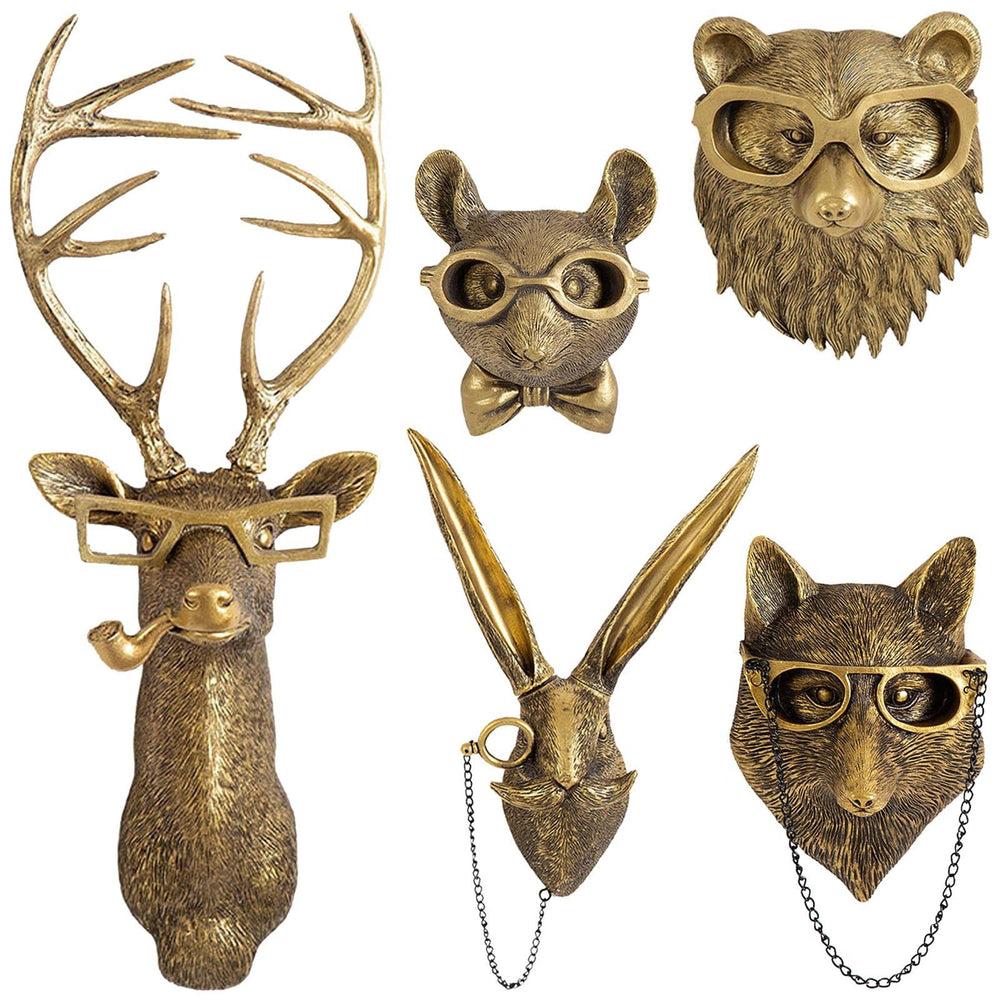 GUASDIE Animal Heads Wall Decor, Faux Deer Head Mount, Animal Sculptures Wall Decor, Resin Animal Head Wall Hanging Decoration for Living Room