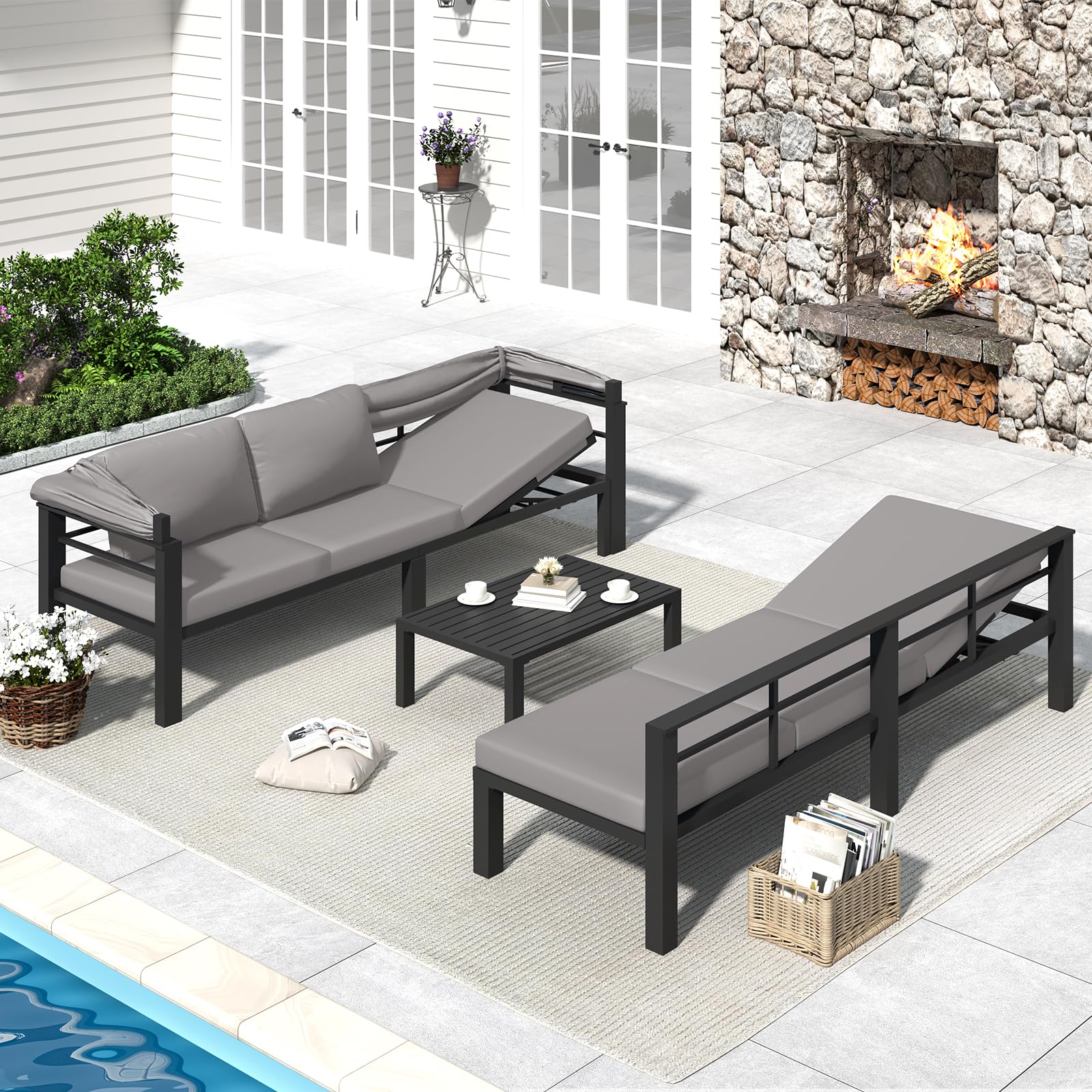 AECOJOY Patio Furniture Set with Retractable Canopy&2 Adjustable Backrests, Outdoor Conversation Set, Grey