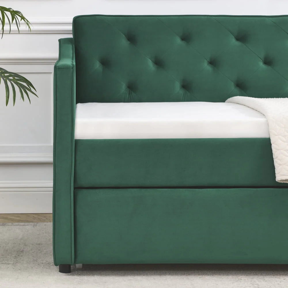 Twin Size Daybed with Trundle, Modern Button Tufted Linen Upholstered Sofa Day Bed Frame with A Roll - Out Trundle, Bedframe Furniture for Bedroom Living Room Guest Room, Green