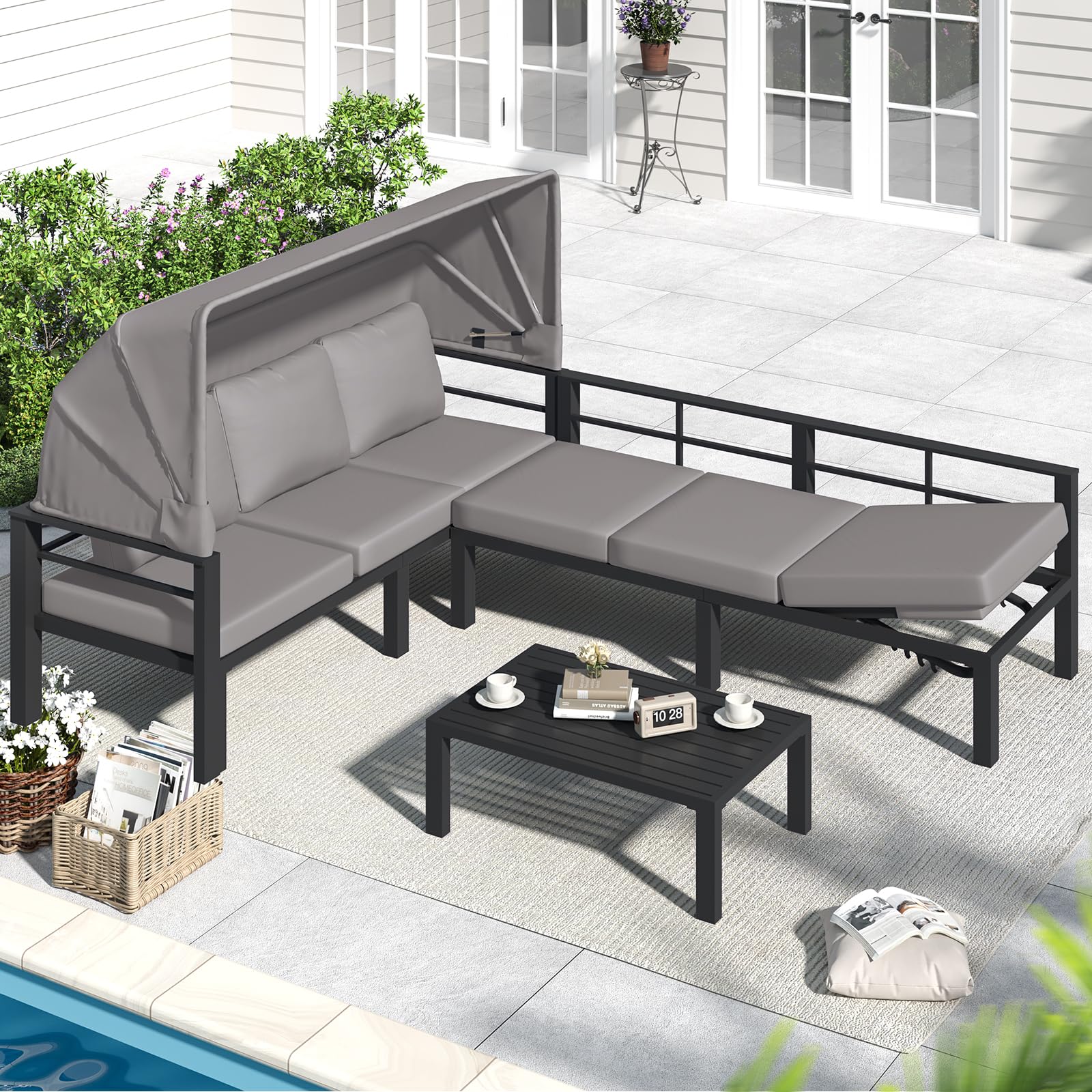 AECOJOY Patio Furniture Set with Retractable Canopy&2 Adjustable Backrests, Outdoor Conversation Set, Grey