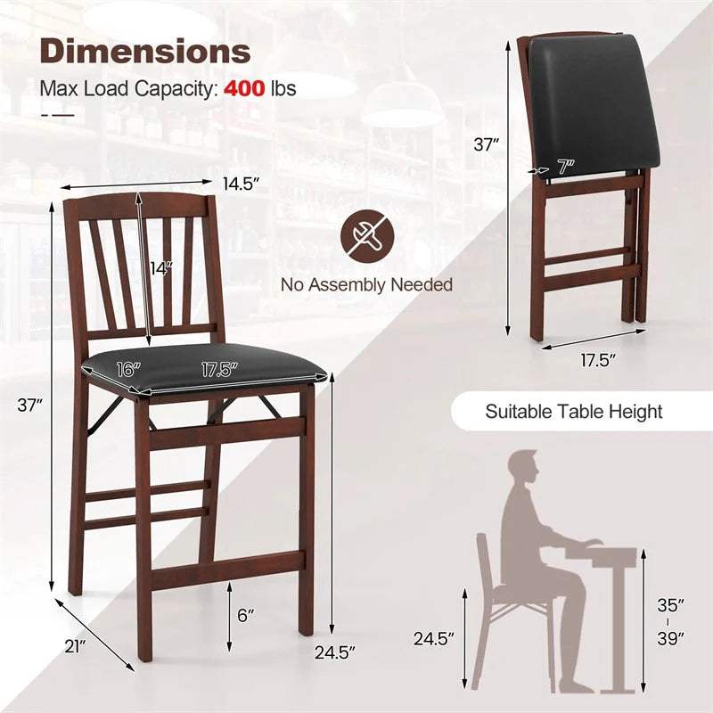 Set of 2/4 Folding Counter Height Bar Stools, 24.5" Portable Kitchen Island Chairs with Padded Seat & Rubber Wood Legs, No Assembly Needed